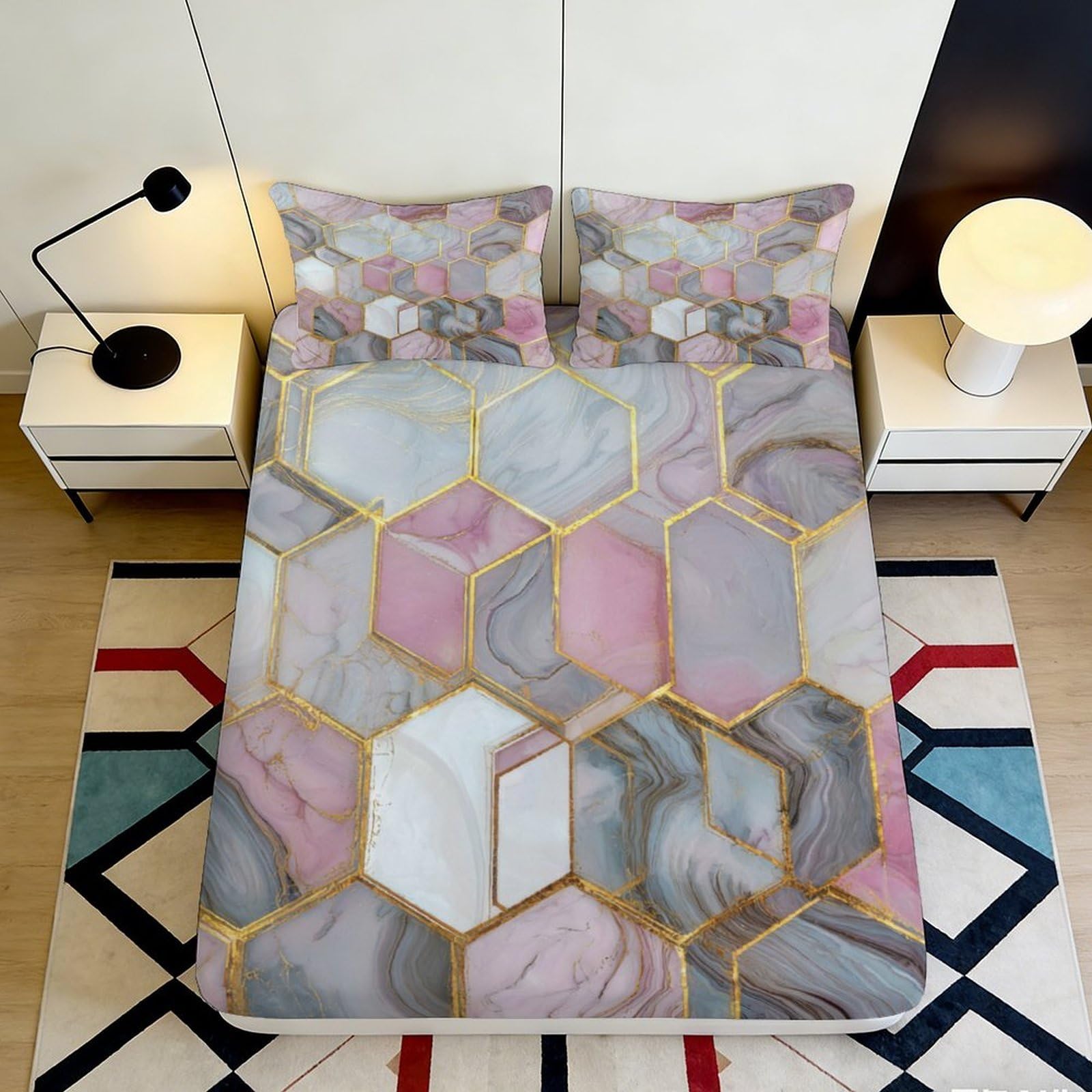 3D Printed Marble Hexagon Fitted Sheet Microfiber Soft Pink Grey Geometric Mattress Cover Bedroom Decor 90x200x25cm