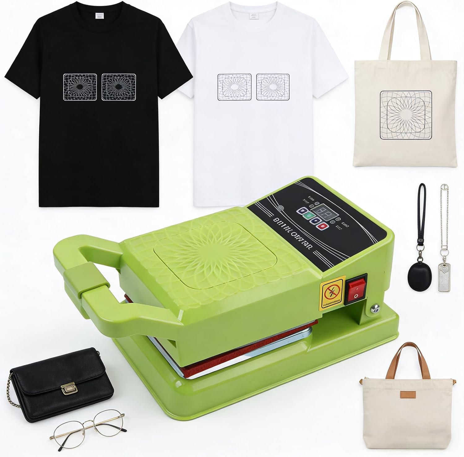 Portable Home Digital Heat Press Machine - Compact DIY Heat Transfer Press for T-Shirts, Patches, Bags & Accessories, Control Starter Kit with Spray Bottle & Heat Transfer Samples (Heat Press Machine)