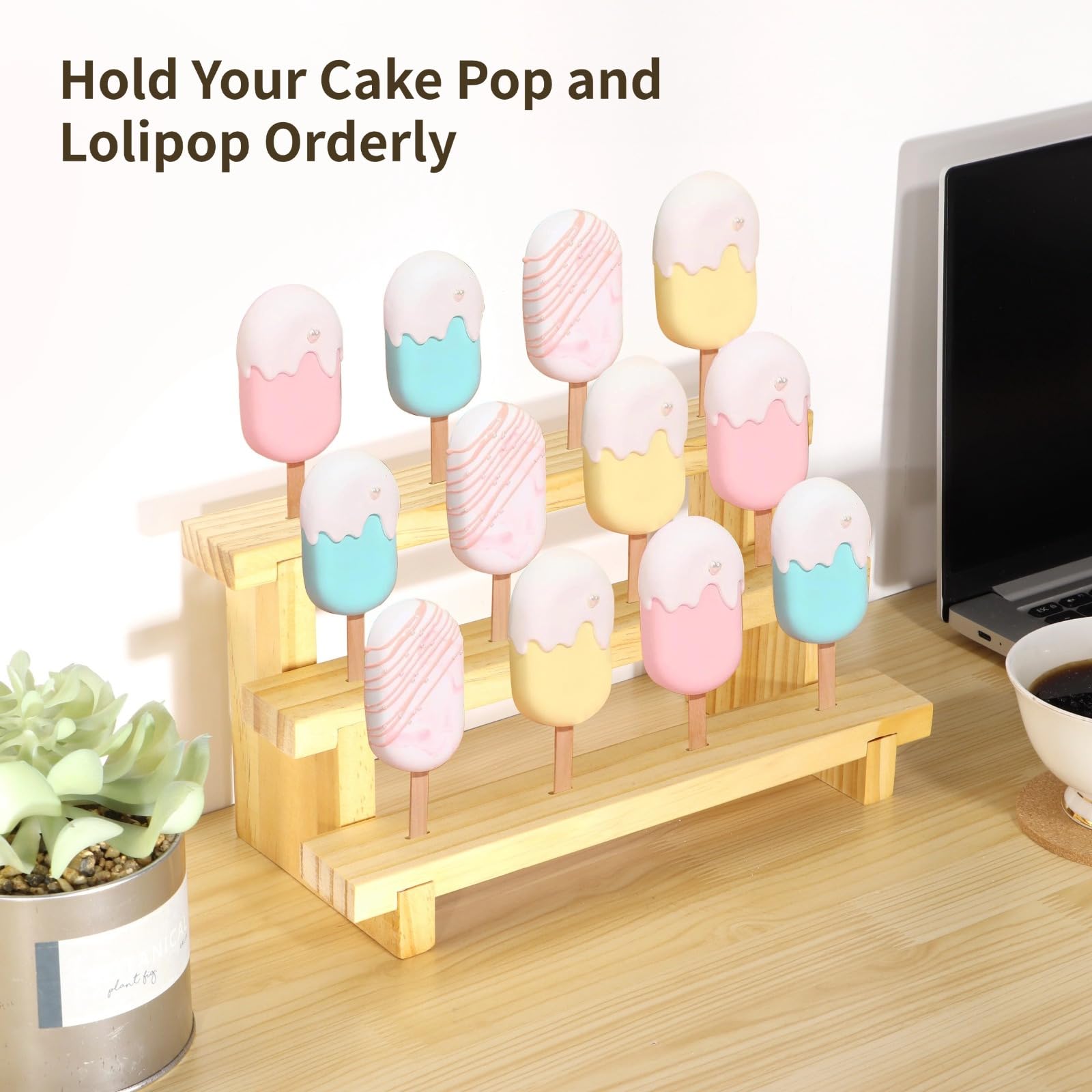 Set of 2 Wooden Lolli Holder Racks, 3-Tier Cake Stands with 12 Holes for Wedding, Birthday, Or Party Desserts