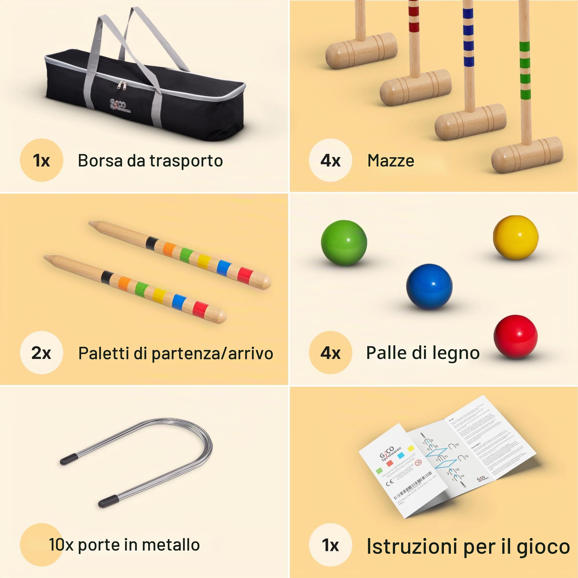 GICO Croquet Gioco Croquet di qualità in Legno di faggio per 4 Giocatori con Borsa per Il Trasporto. Divertimento all’ Aperto per Tutta la Famiglia. Prodotto in EU-3224