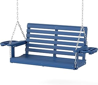 FOOWIN Porch Swing, 4 FT Patio Swing with Cup Holders, Adjustable Hanging Chains, HDPE Outdoor Swing for Patio, Porch, Garden, Yard, Heavy Duty 660 LBS Weight Capacity Navy Blue