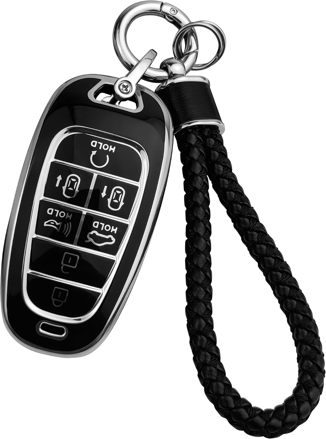 JOYEAR Keychain with Key Fob Cover Compatible with 2019 2020 2021 2022 Sonata Nexo Santa Fe Tucson 7-Buttons(Silver-Black)