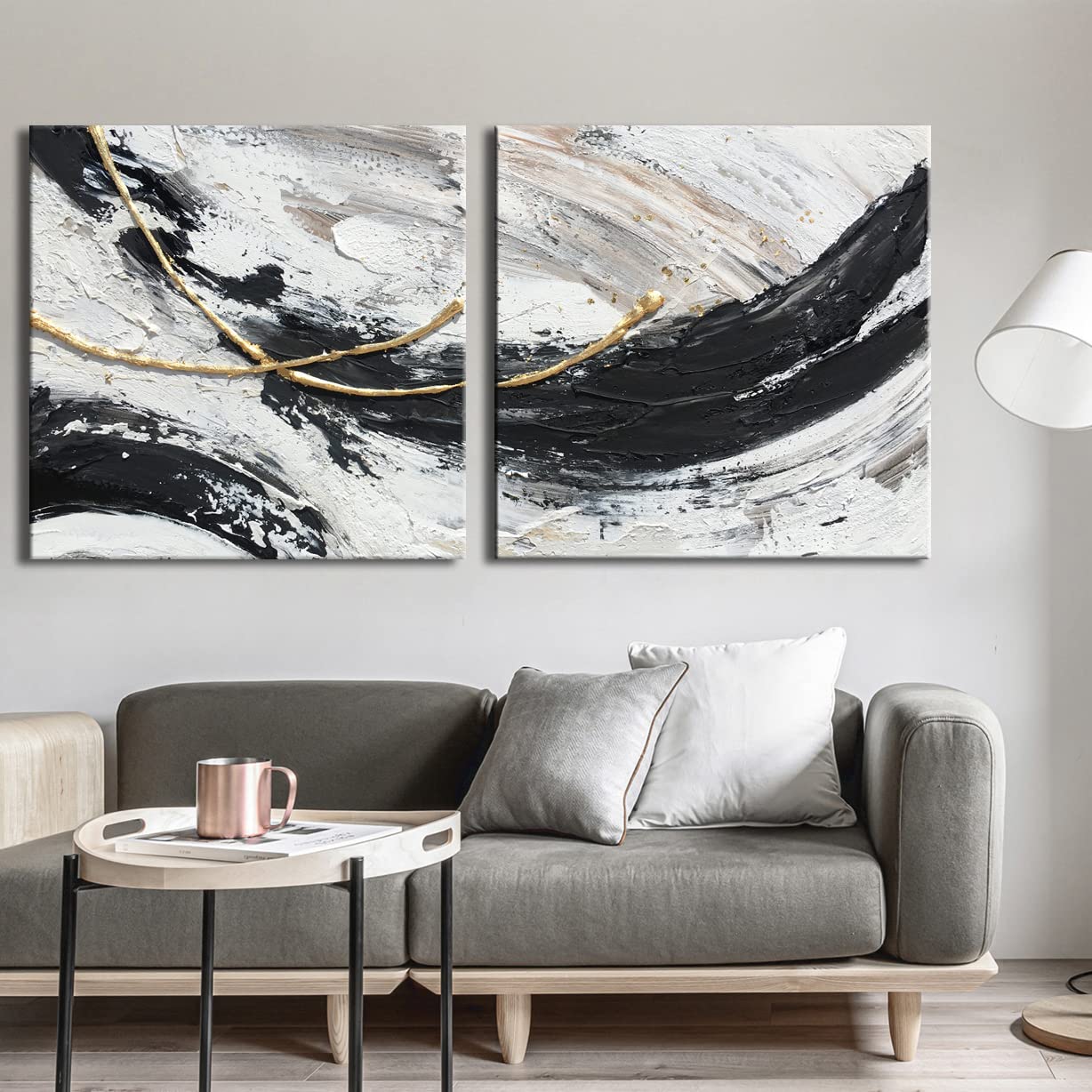 MOUODEWO Black white and grey abstract wall art,2-piece canvas wall modern art set, Hand Painted ...