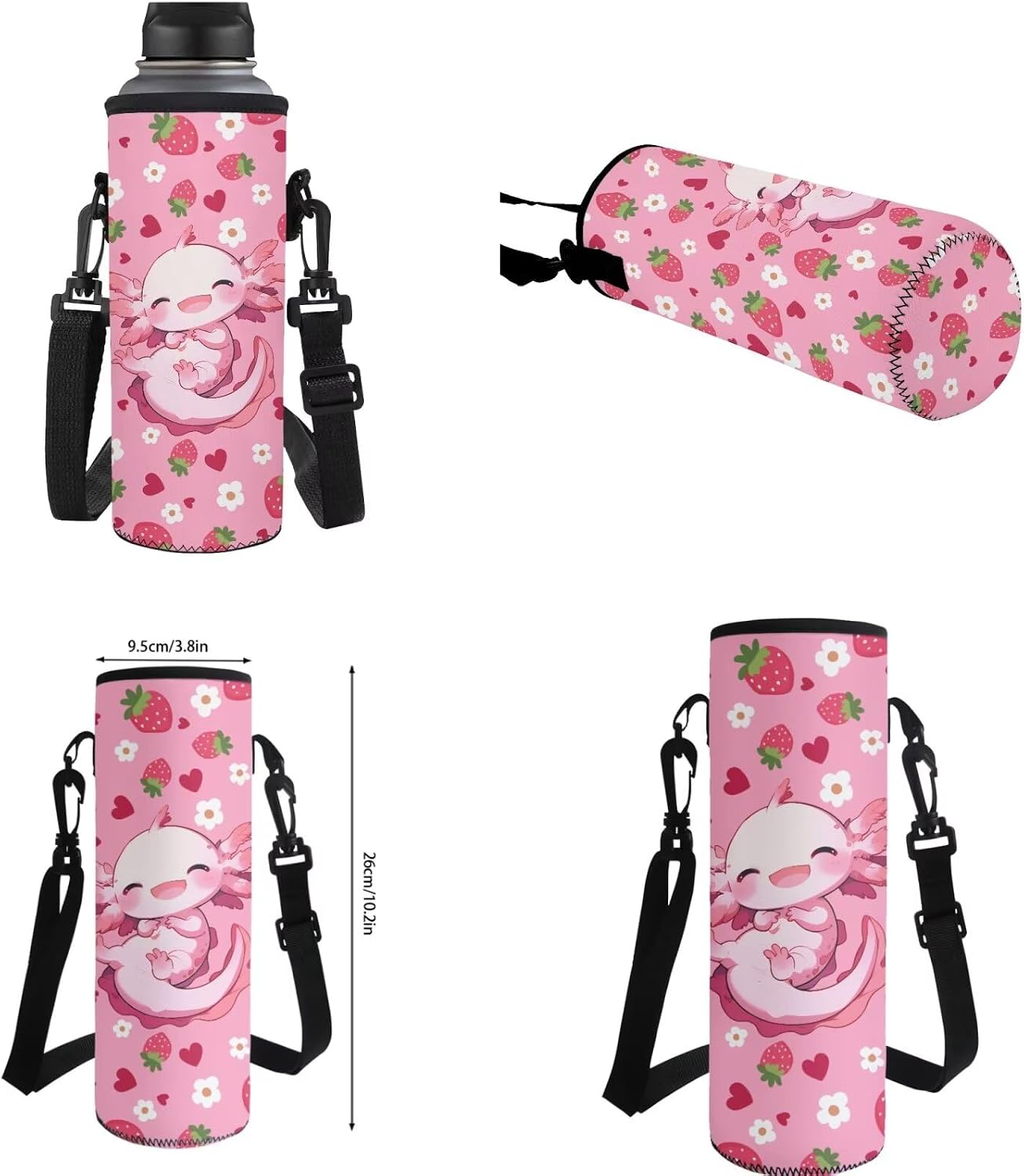 Strawberry Axolotl Girls Backpack and Lunch Box Set 6-8 8-12 Elementary School Bag Set with Lunch Bag Pencil Case Water Bottle Sleeve 4Pcs Kids Bookbag for Middle Preschool Satchel Pink