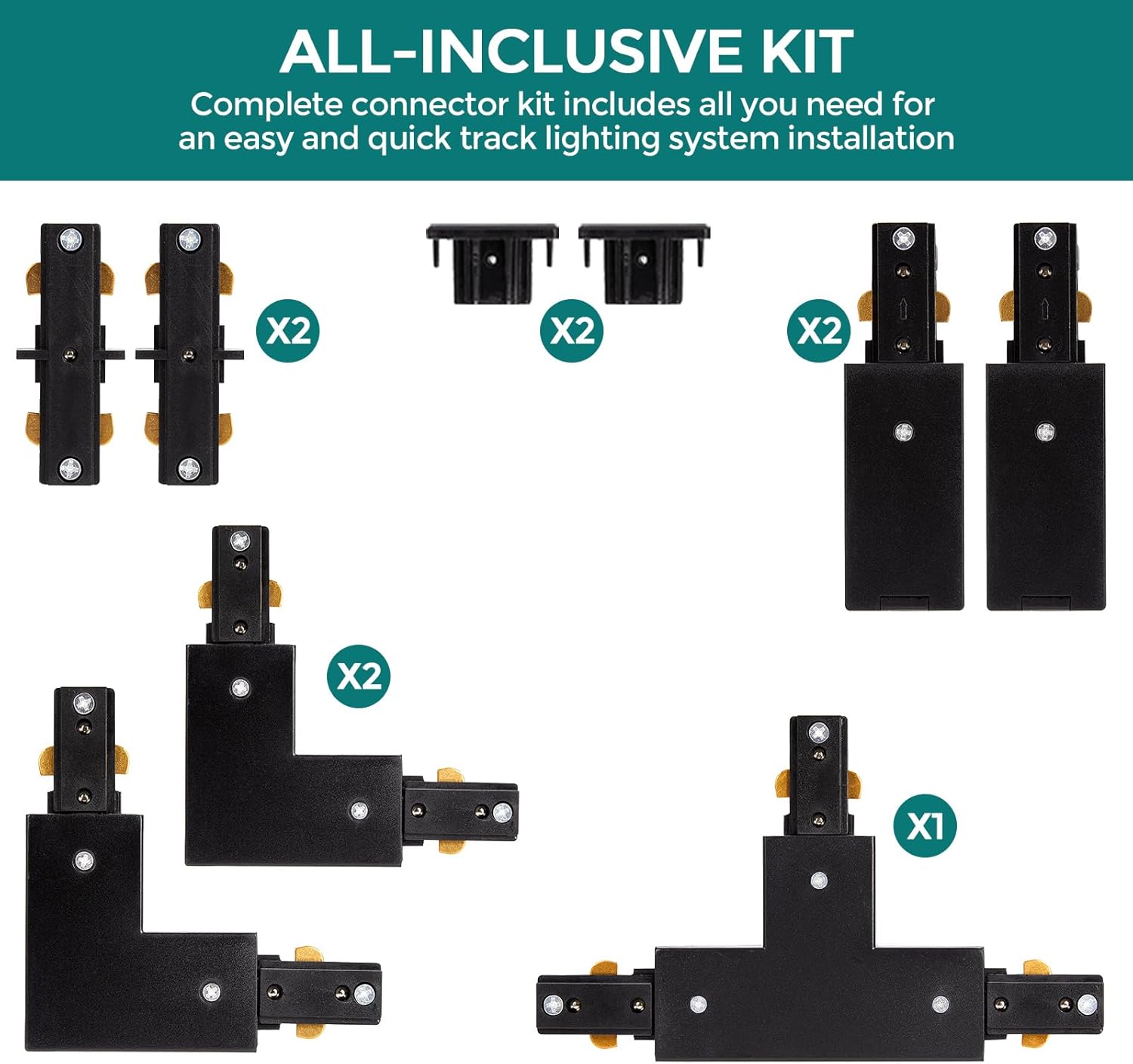 H Track Lighting Connector Kit - iCreating Black H Track Lighting Rail Connectors, 3 Wire Track Lighting Fixtures Accessories All in One Kit for Single Circuit H Type LED Track Lighting Heads System