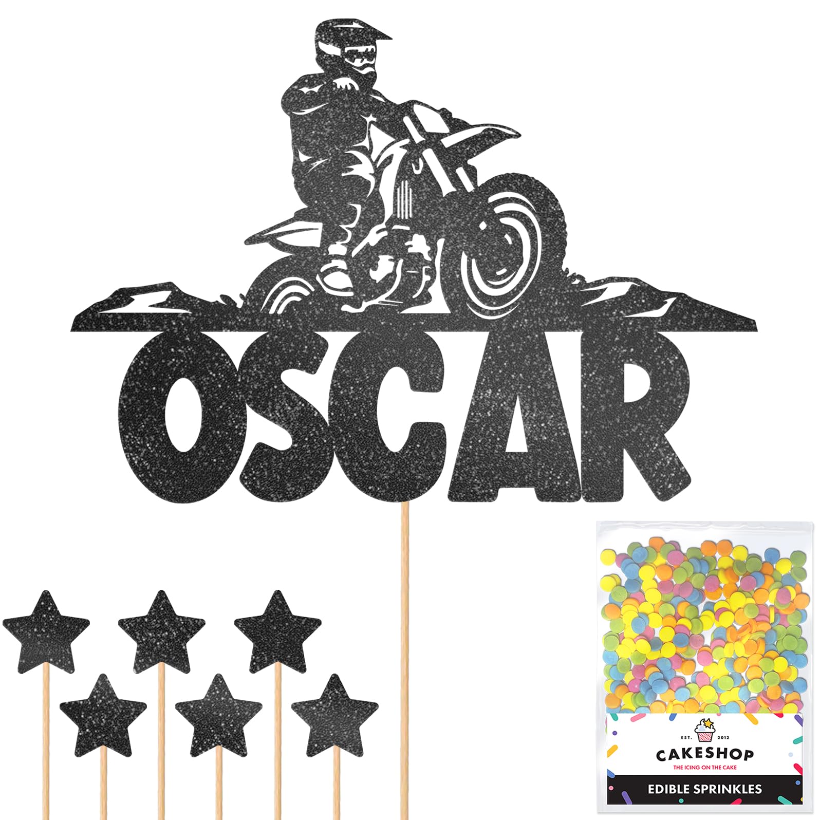 Personalised Dirt Bike Motorbike Racing Glitter Cake Topper - Black Custom Name Glitter Cake Decoration and Sprinkles - Happy Birthday Decorations - Personalised Toppers for Cakes by Cakeshop โ image 1