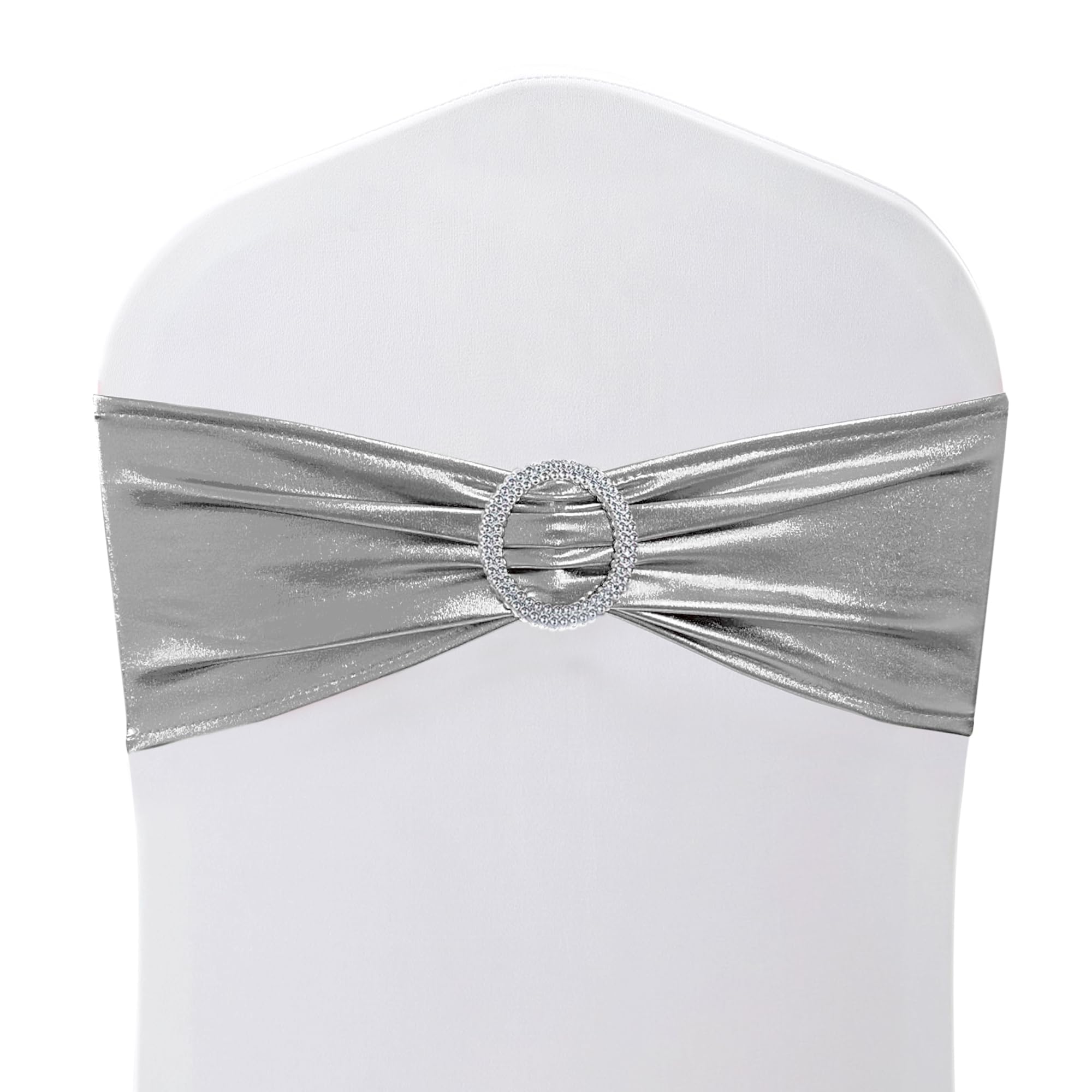 Trimming Shop Shiny Polyester & Spandex Chair Bands with Slider Buckle – Stretchy Fabric Chair Sashes, Elastic Wedding Chair Bands & Party Decorations, Silver, 100pcs — image 1