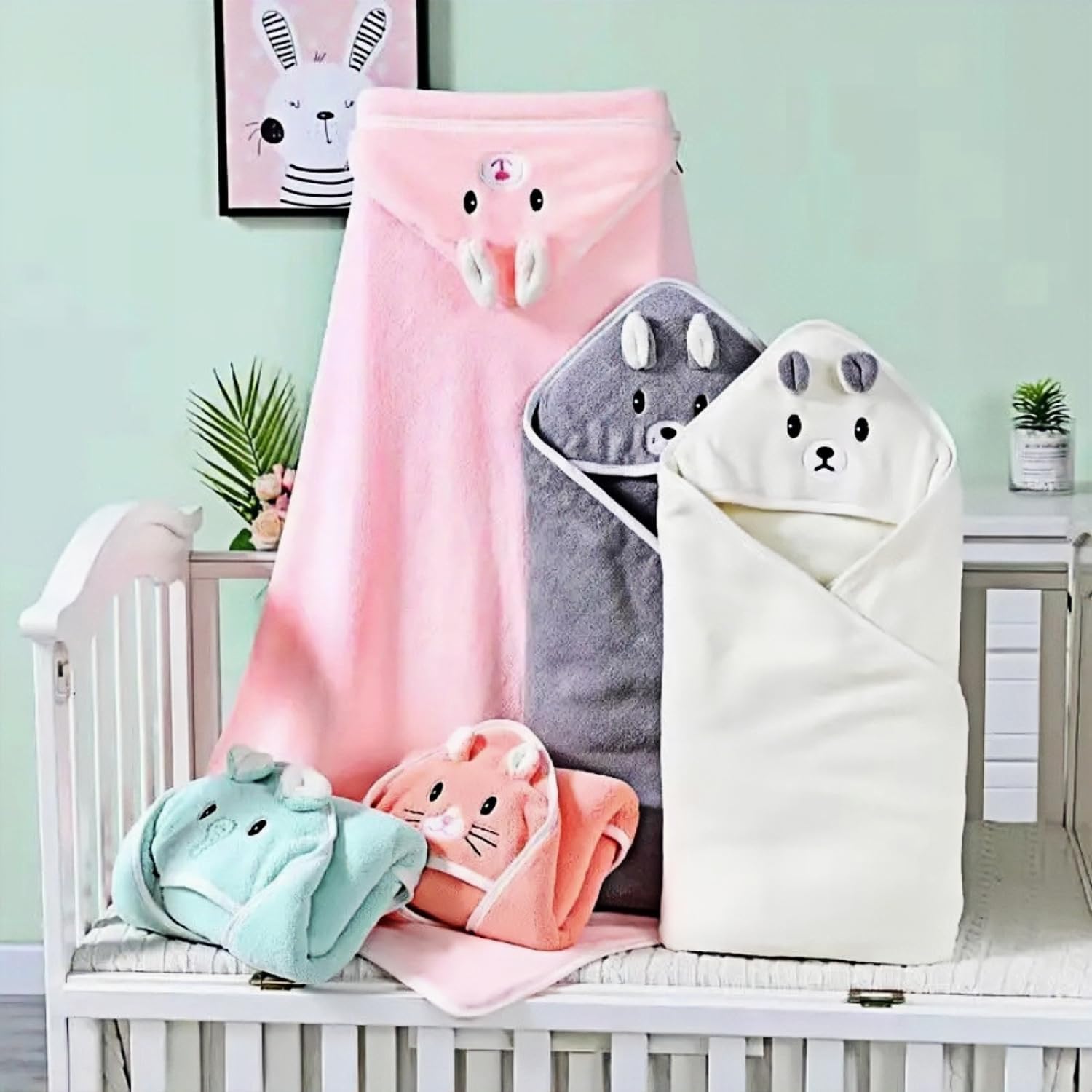 Juego de toalla de baño y paño de algodón orgánico con capucha para bebé, ultrasuave, 80 x 80 cm, esencial para recién nacidos con adorable diseño de conejo rosa, perfecto para bebés y niños