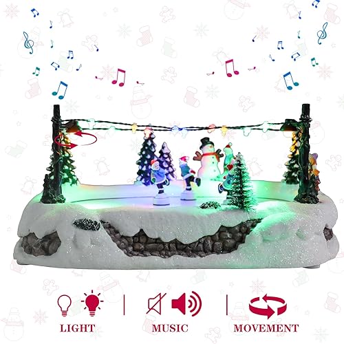 Miniatura 3 de Bshine Casas de Pueblo Navideño - Edificio Musical de Pueblo Navideño con Estanque de Patinaje y Patinadores en Movimiento, Figuras que Funcionan