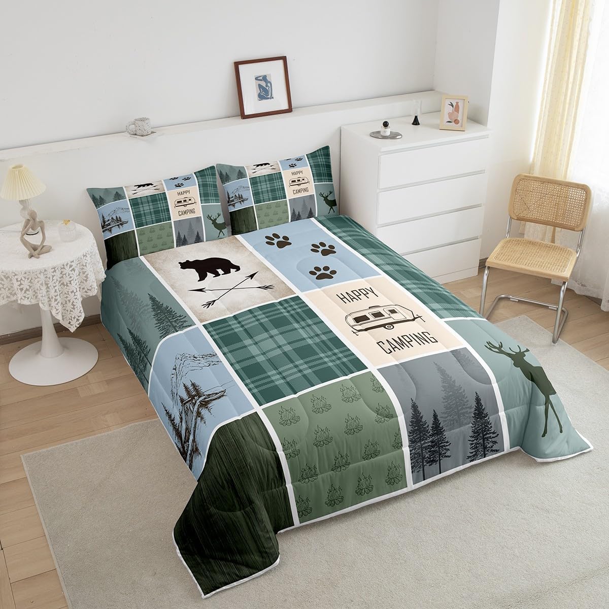 jejeloiu Camper Bedding Set Queen Size Kids Happy Camping Comforter Cover for Boys Girls Teens Vintage Green Blue Duvet Cover Breathable Soft Lightweight Microfiber Quilt Set