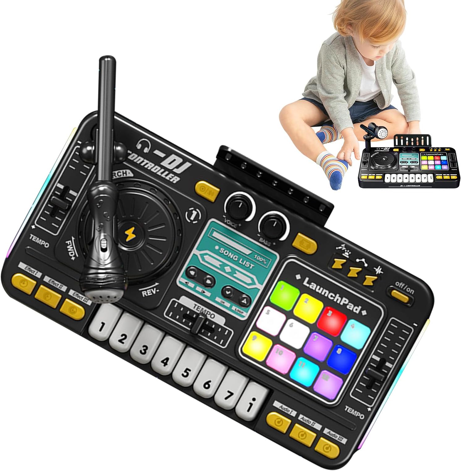 Kids DJ Mixer - 35CM Mixer, Interactive Toy, Mini DJ | Portable Electronic DJ Console, Colorful Sound Effects Music Mixers for Kids Beginner Party Fun, Home Birthday Plays