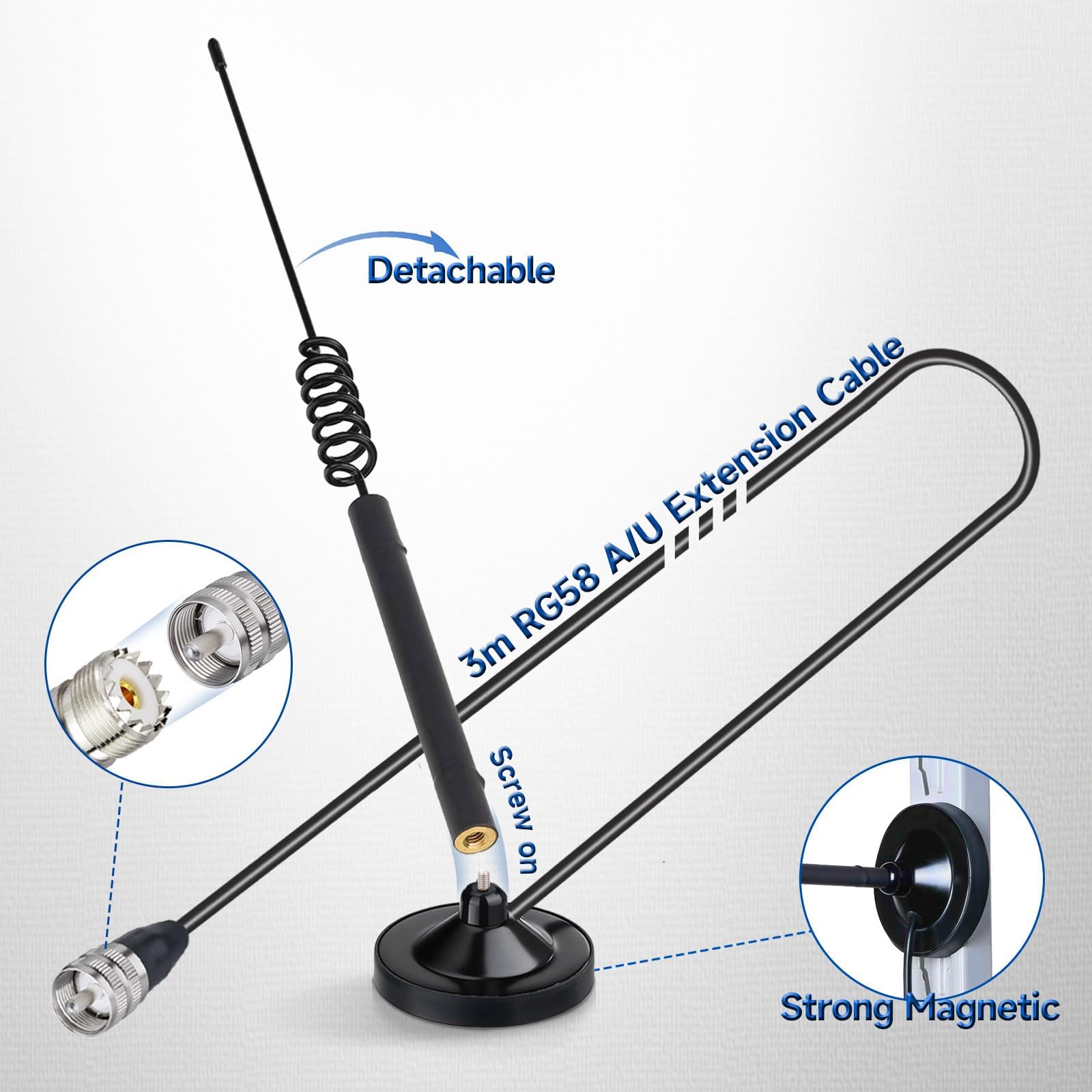 Superbat Antenna CB 26-28MHz 3dBi con Cavo RG58 3m Connettore PL259, Antenna Magnetica Compatibile con Radio CB Galaxy, Uniden, Bearcat, Cobra, Radioddity, Texas Ranger, RoadKing