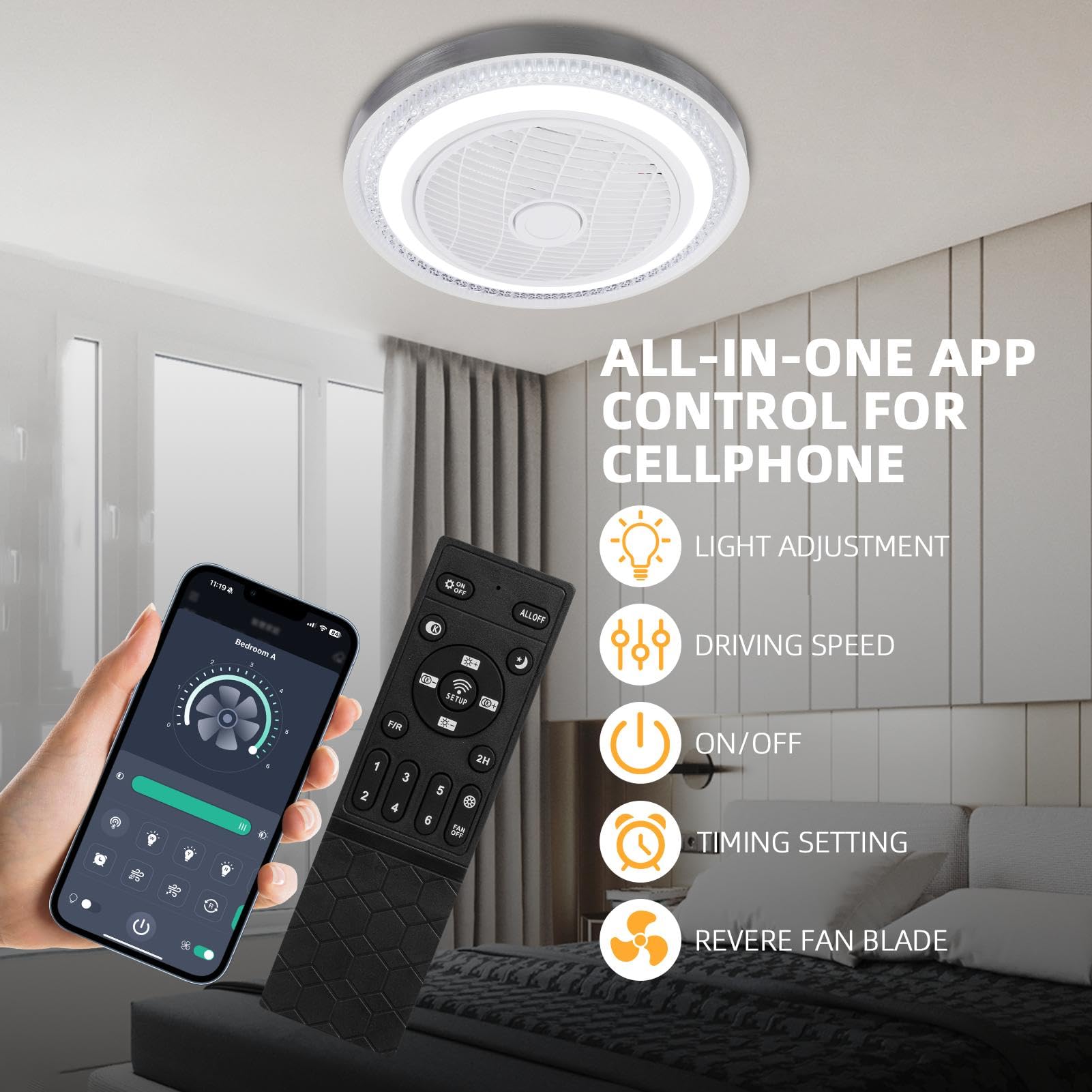 Lampara de techo con Ventilador | 3000K-6500K Plafon LED | Ø50cm Ventiladores Techo con Luz y Mando, 6 Velocidades, Tiempo, Silencioso, LED Ceiling Fan with light para Dormitorio Cocina Salon