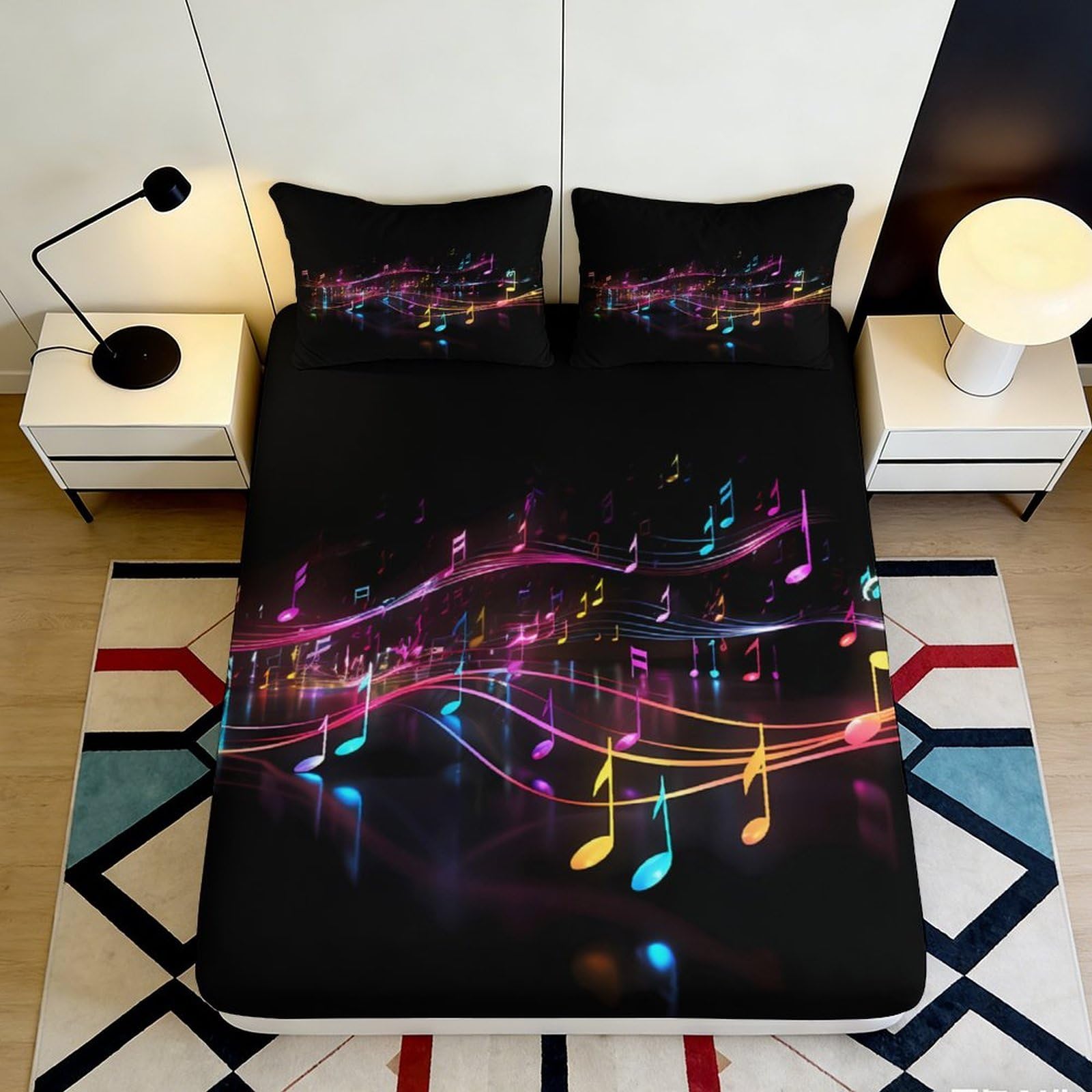 3D Printed Musical Notes Fitted Sheet Microfiber Soft Breathable Colorful Music Bed Cover for Bedroom Dormitory Guest Room Mattress Protection Decor 160x200x25cm