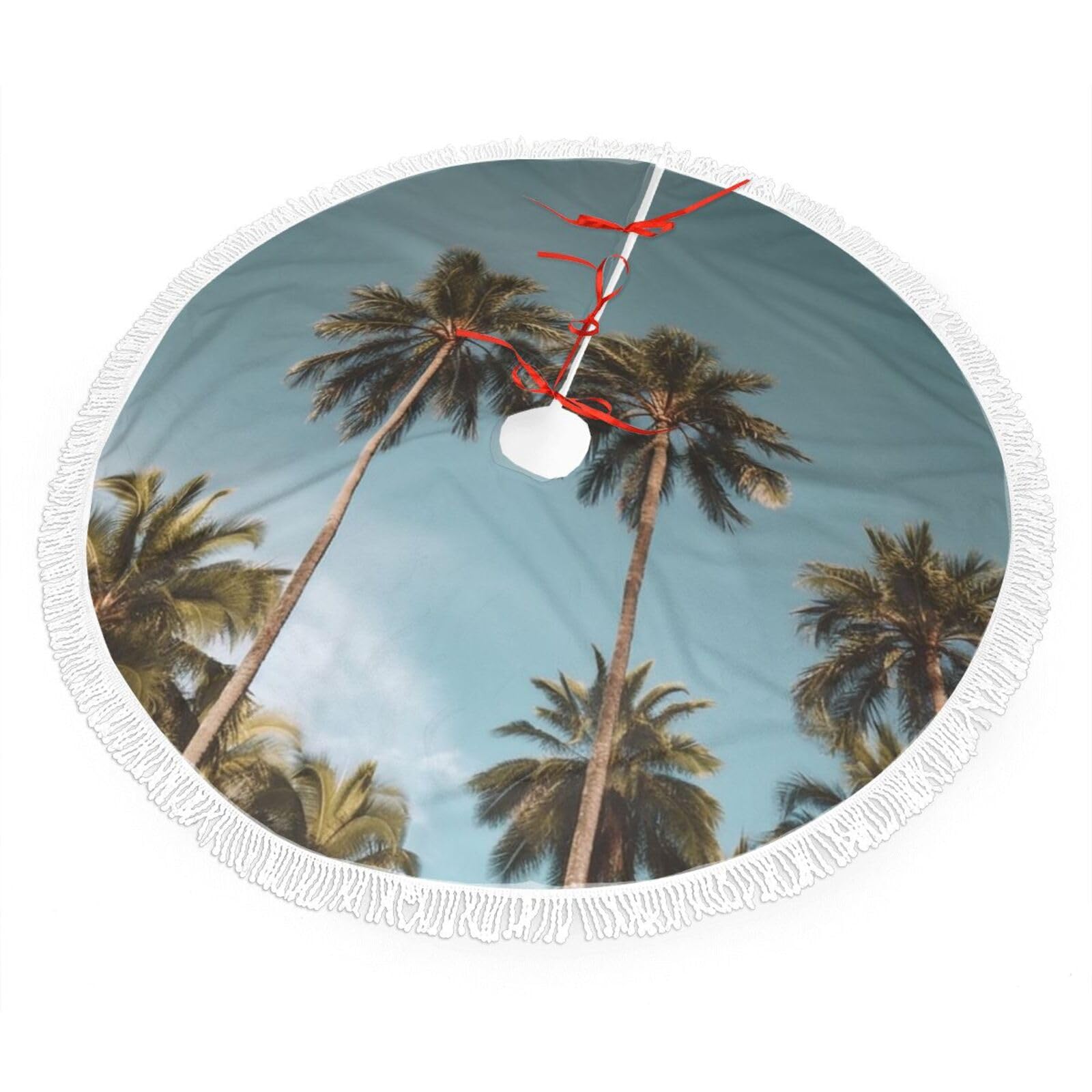 Tall Tropical Palm Trees Christmas Tree Skirt 48", Soft Plush Xmas Tree Carpet with Tassel Christmas Ornaments Winter Holiday Tree Mat Decoration for Home Party Supplies