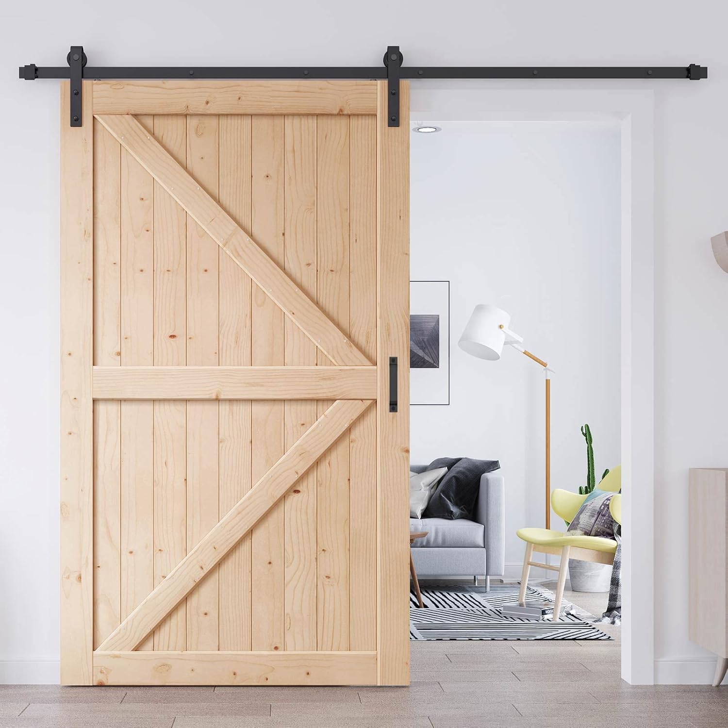 EaseLife 48in x 84in Sliding Barn Door with 8FT Barn Door Hardware Kit & Handle Included,DIY Assemblely,Easy Install,Interior Rooms & Storage Closet,K-Frame,Natural