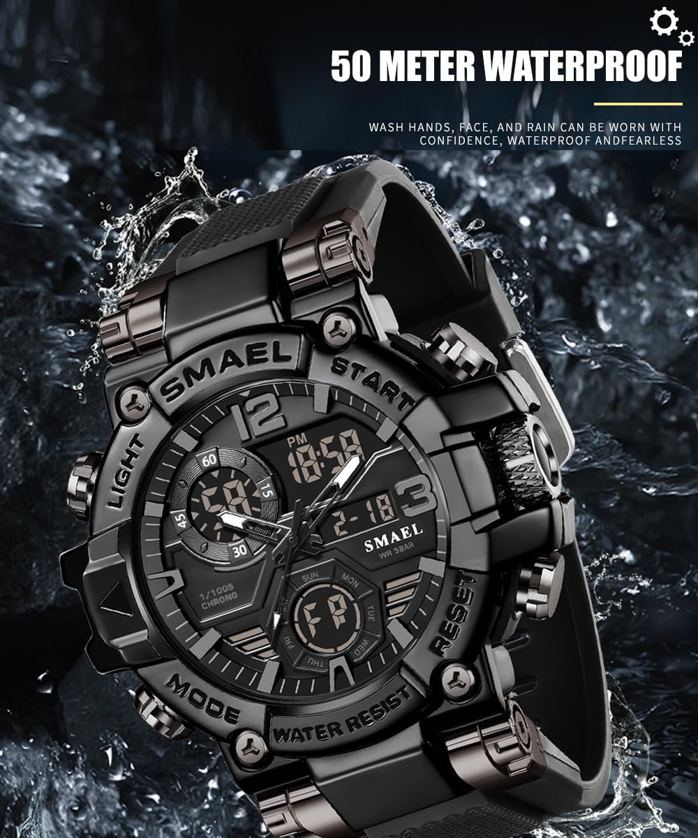 SMAEL Montres militaires d'extérieur numériques carrées étanches tactiques militaires militaires hommes montres de sport hommes noir 8110