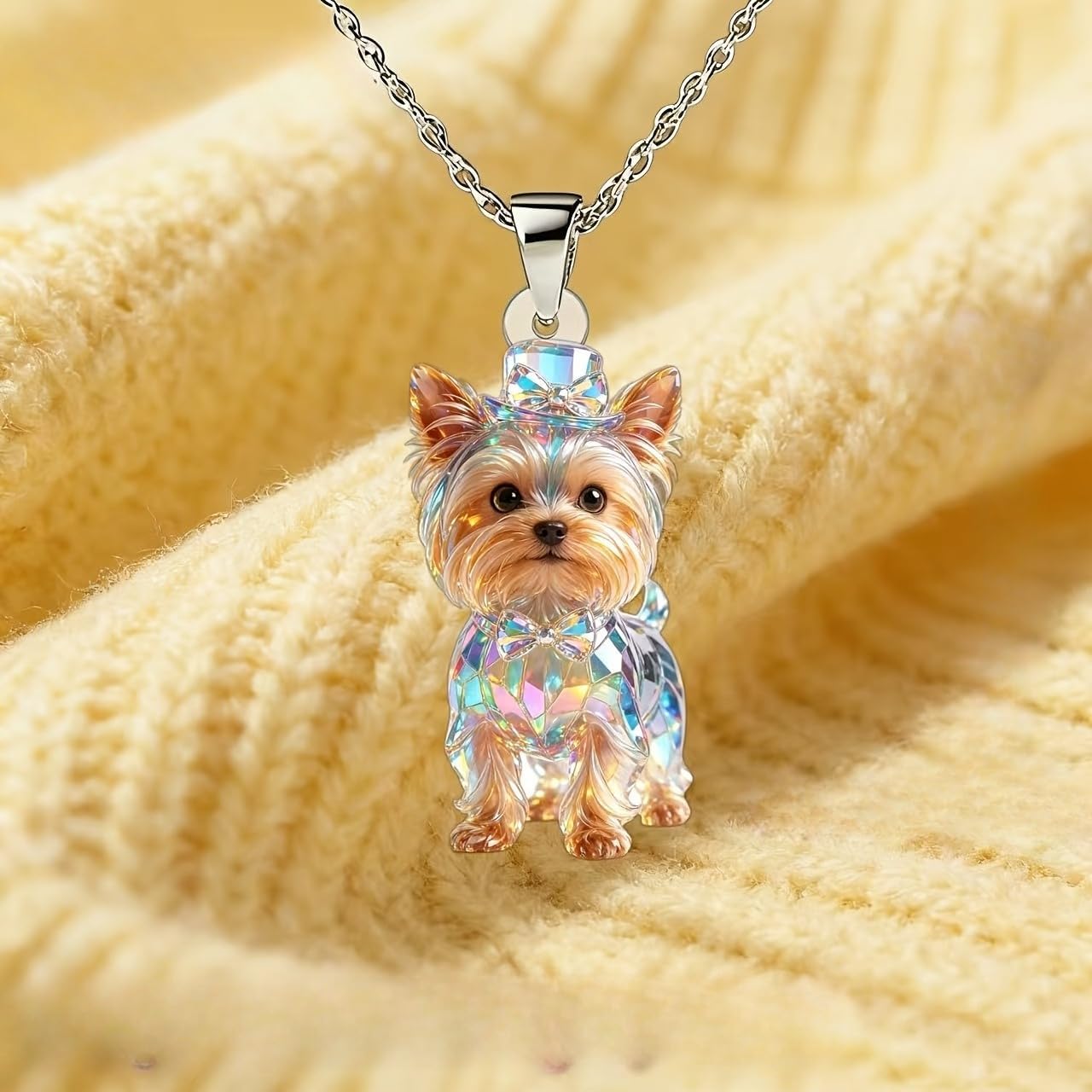 Cute Yorkshire Terrier Acrylic Necklace – Authorized 2D Design, Women's Fashion Sweater Chain Pendant, Great for Birthday Parties