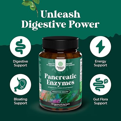 Miniatura 5 de Natures Craft Enzimas digestivas de pancreatina para la salud digestiva - Enzimas pancreáticas para humanos con carbohidratos grasos y proteínas,