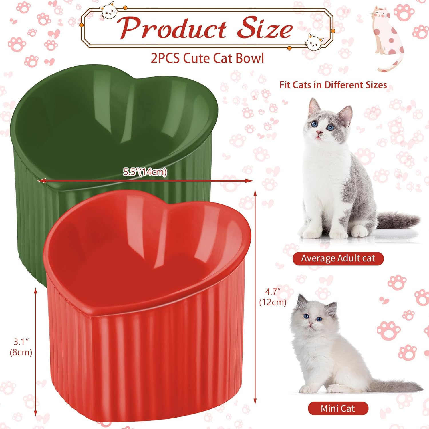 Mumufy 2 Pcs Ceramic Elevated Cat Bowls Tilted Elevated Raised Pet Bowls Anti Vomit Cat Dish for Indoor Stress Free Water Dish Feeder for Puppies, Heart Shaped (Red, Green)