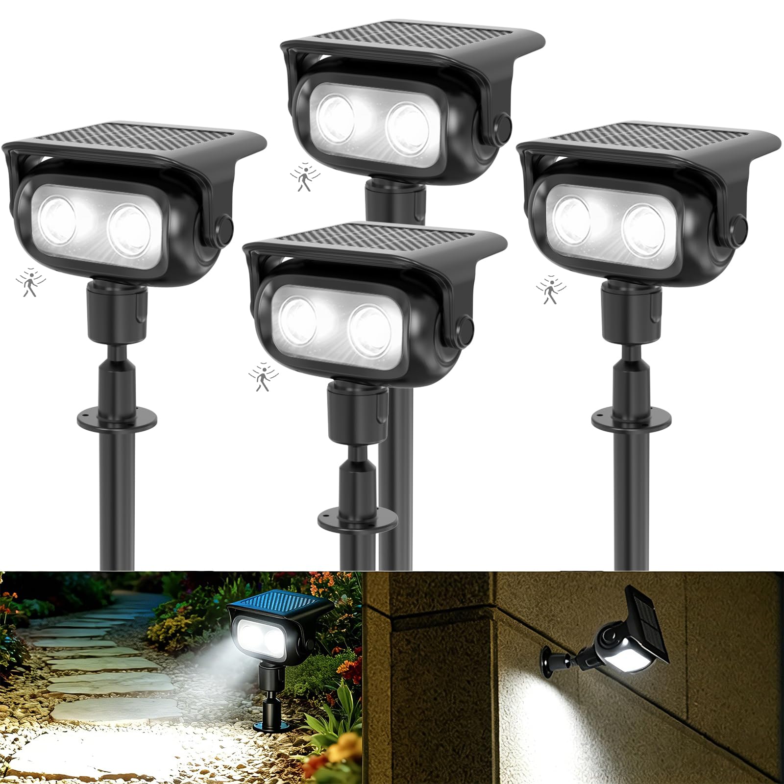 CREATESTAR Solarlampen für Außen mit Bewegungsmelder 4 Stück, 6500K Kaltweiß Solarstrahler für Außen mit 4 Modi, Erdspieß & Wandmontage,IP65 Wasserdicht Solar Gartenstrahler für Bäume, Hof, Gehweg