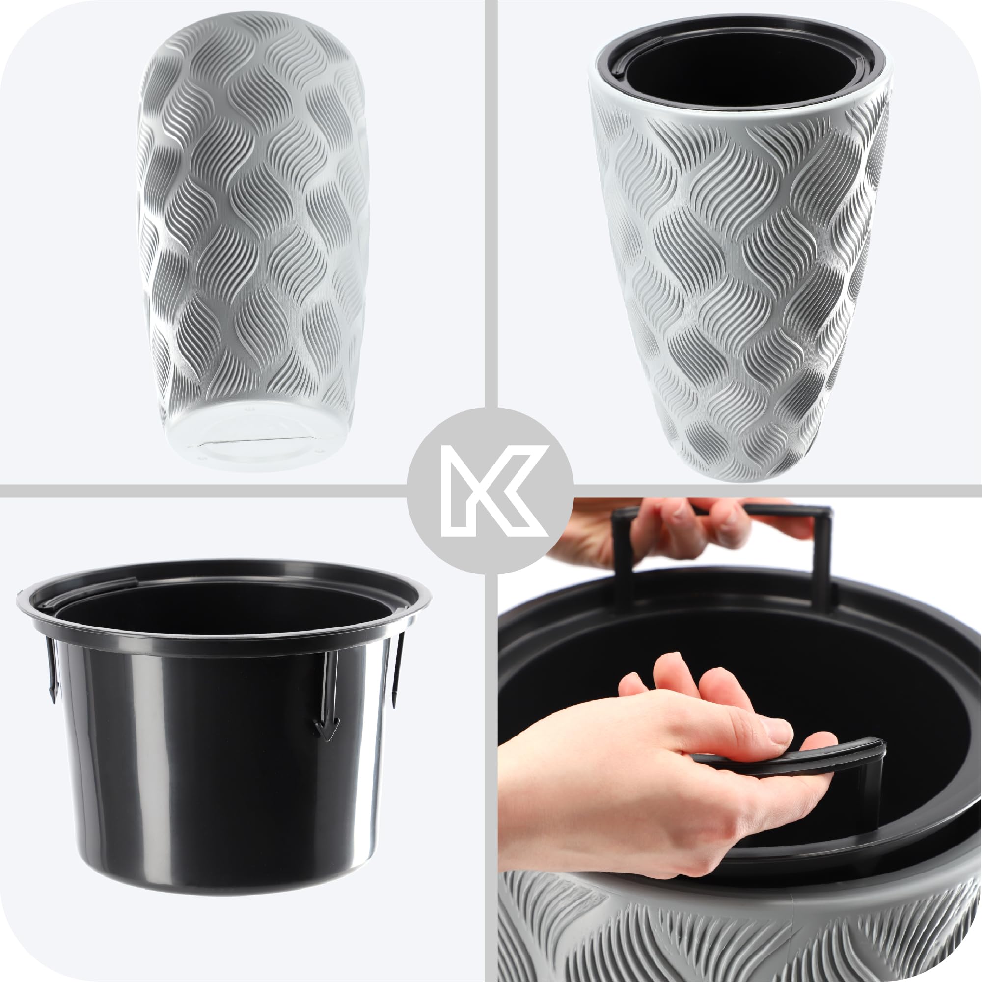 KADAX Vaso da fiori con inserto e manici, vaso in plastica in 5 misure, resistente ai raggi UV, resistente alle intemperie, vaso alto, vaso con effetto 3D (grigio, altezza: 58,5 cm)