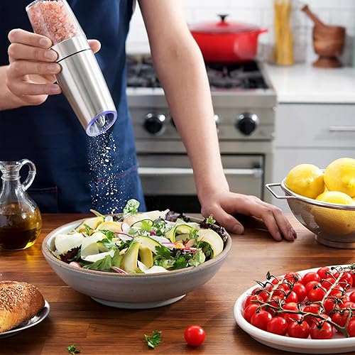 Miniatura 7 de AMOMB Gravity - Juego de molinillo eléctrico de pimienta y sal, 2 unidades de molinillo de sal y pimienta con grosor ajustable, funciona con pilas