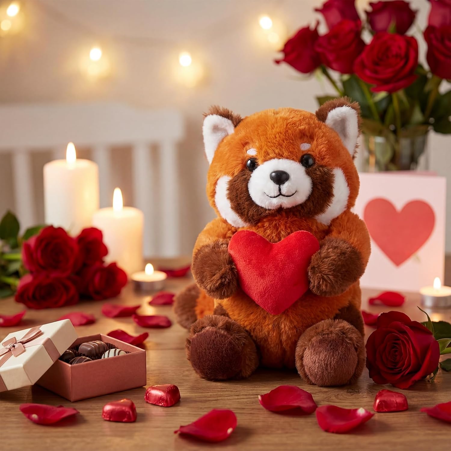 Red Panda Stuffed Animal Valentine's Day Cute Red Panda Plushie with Heart Gift for Valentines Adult Girlfriend Boyfriend Mom Lover Couple Birthday Anniversaries