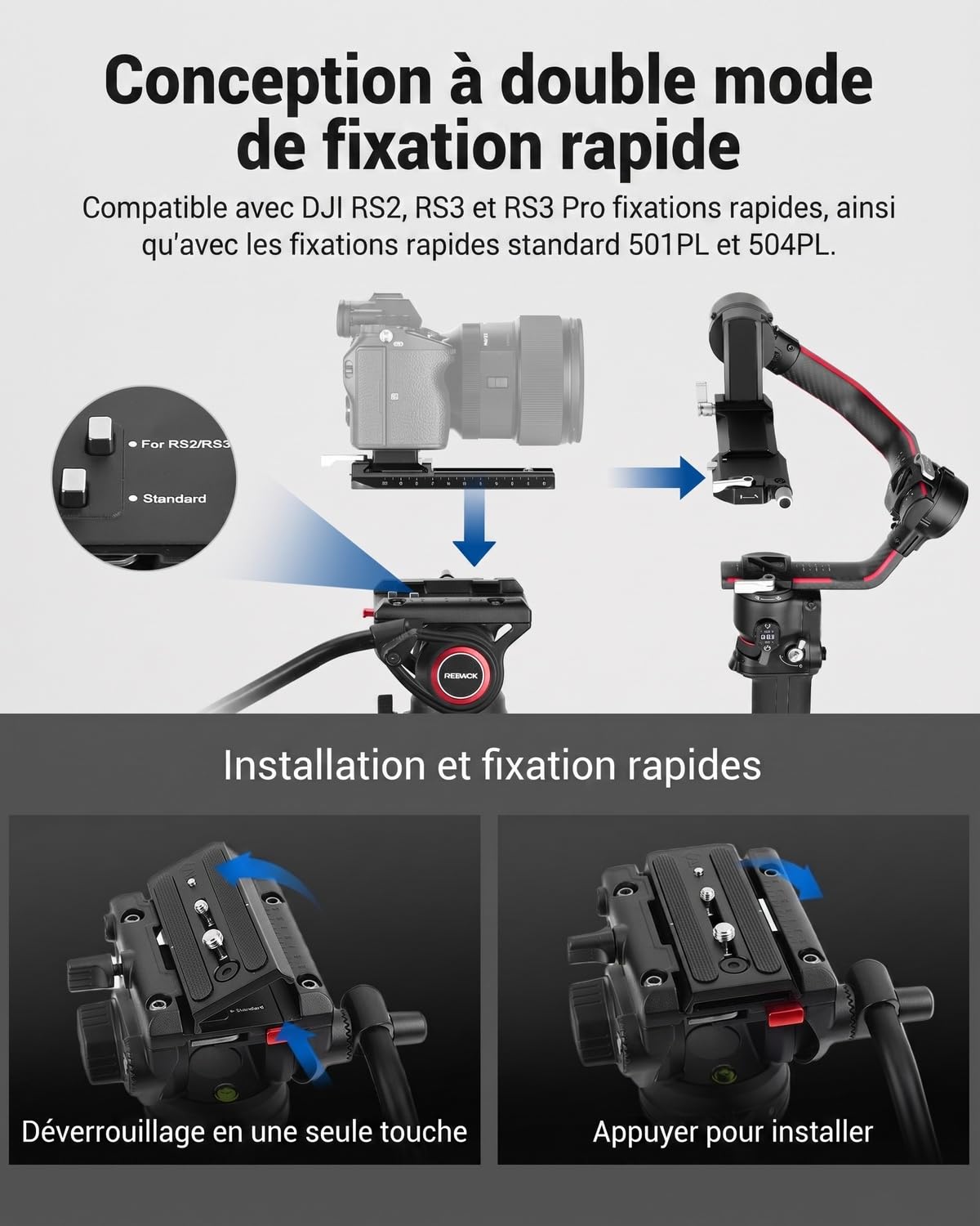 NEEWER Trépied Vidéo Pro 74 pouces avec Tête Fluide, Plaque QR Compatible avec DJI RS Gimbal, Trépied Robuste avec Poignée Télescopique Base d'Escalade pour DSLR, Max. 17,6 lb/8 kg, TP74