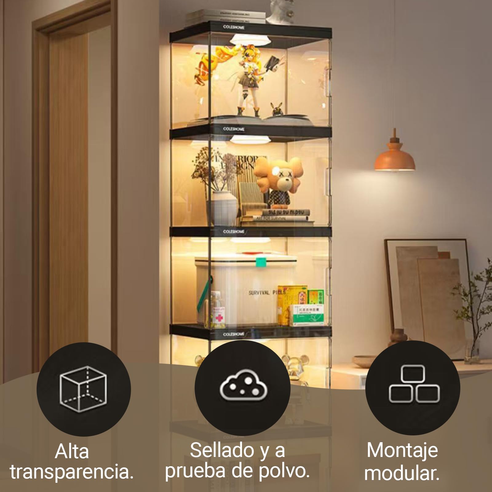 Vitrina de acrílico, Vitrina Cristal con Puerta Magnética,Organizador de Juguetes coleccionables, LED, para Dormitorio, rincón de Lectura, habitación de niños, 6niveles: L×W×H:40*33*184cm