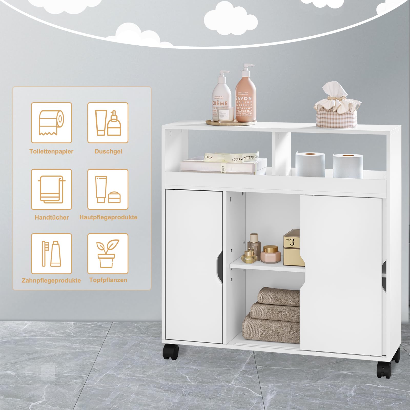 EUGAD Mobile da Bagno con Ante e Ruote, Armadietto da Bagno con Scomparti Aperti e Nascosti, Mobiletto Multiuso, per Cucina, Bagno, in Legno, Bianco, 70x20x71,5 cm
