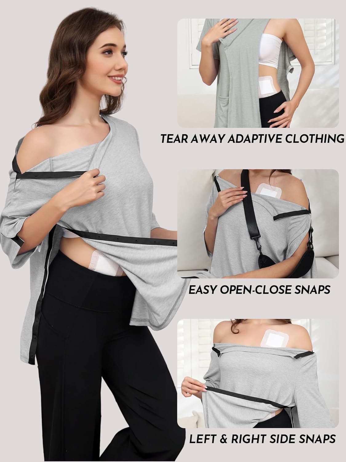 Women's Post Surgery Shirts 3/4 Sleeve Tear Away Snap Front Tops Rotator Cuff Chemo Port Shirts Adaptive Clothing - Image 4