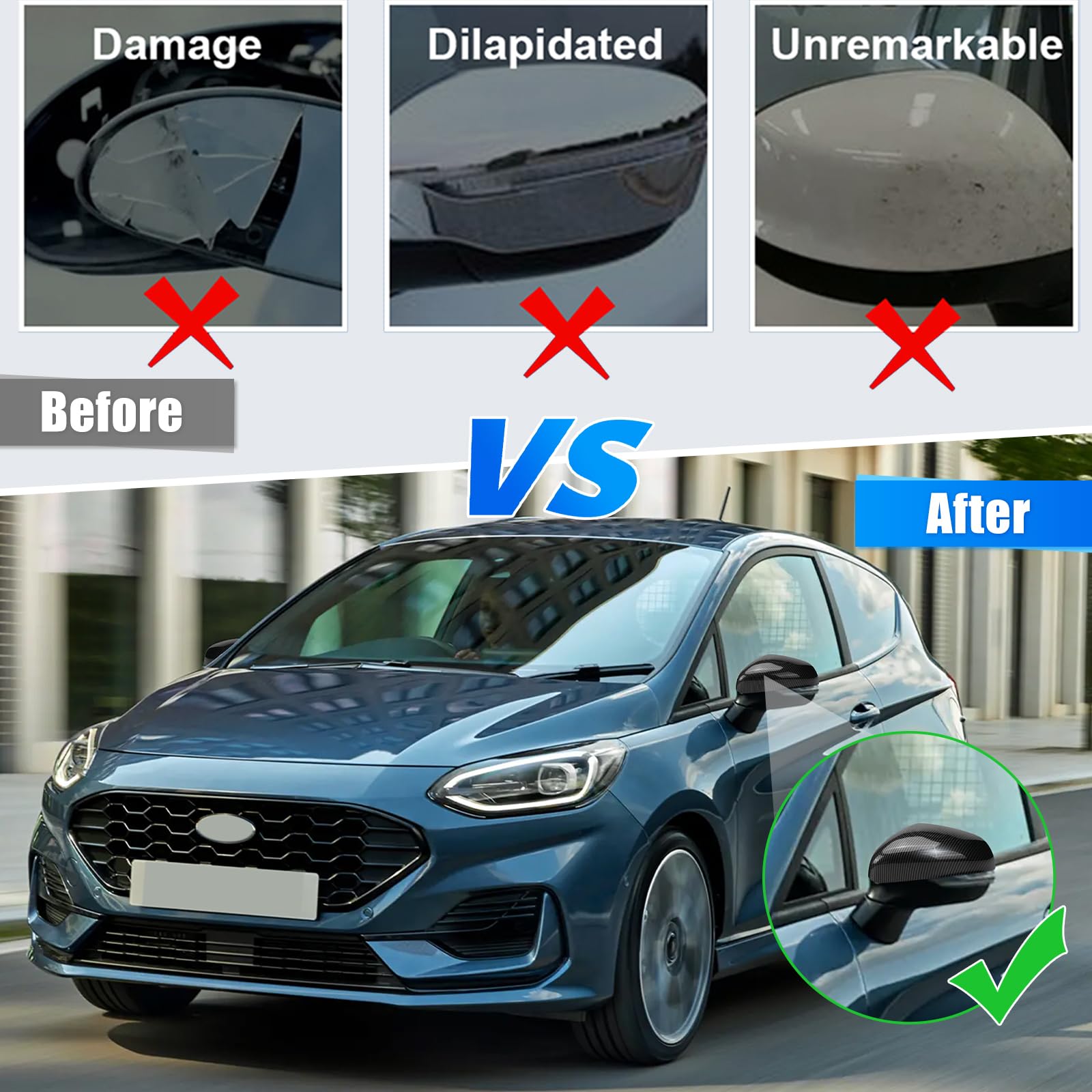 Cappuccio Dello Specchietto Retrovisore Sostituzione per Ford Fiesta 2017-2023/Puma 2019-2024, Cappucci per Specchietti Retrovisori Cromati Copri Specchietto Retrovisore Automatico (carbonio)