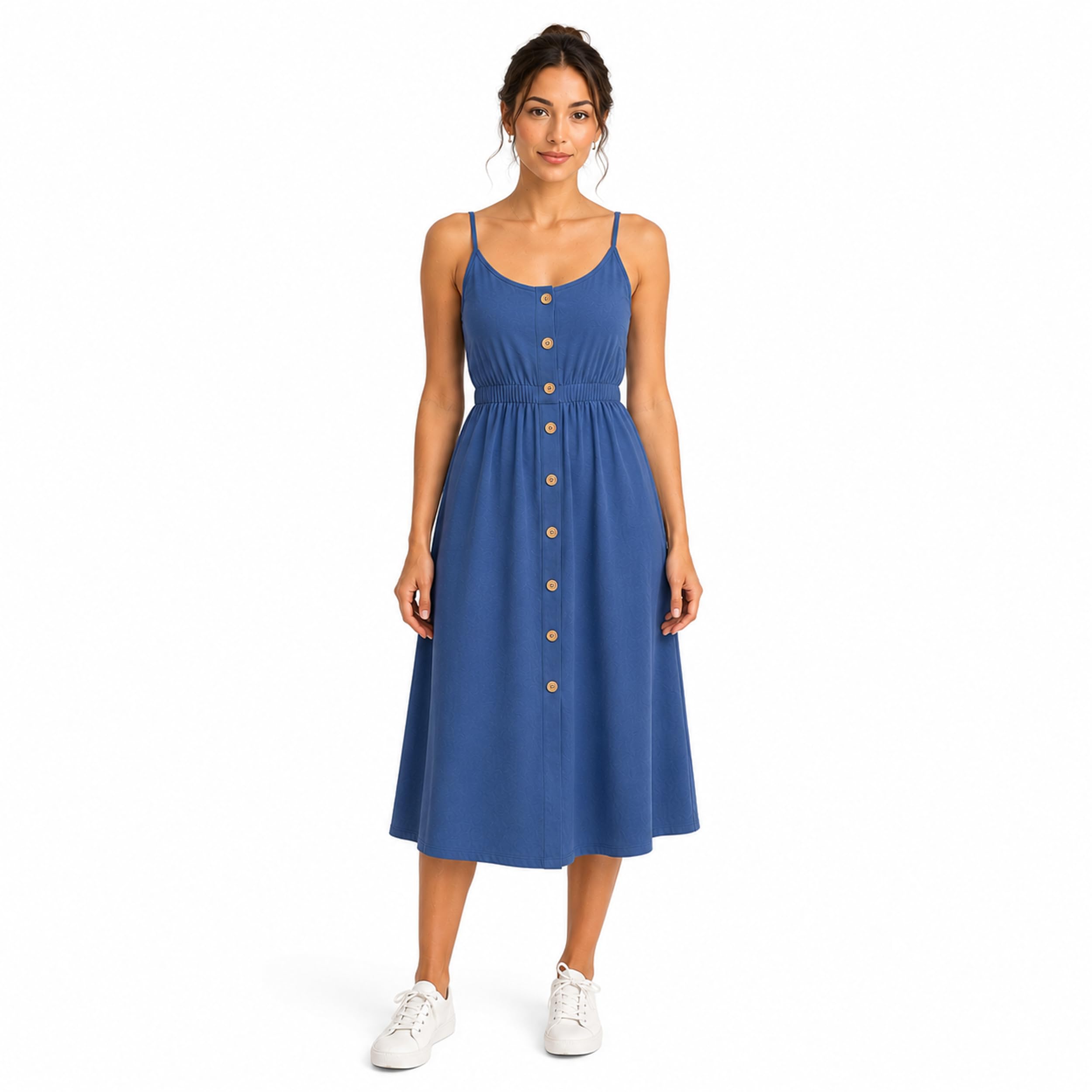 es-uk Women's Button Down Midi Sundress – Sleeveless Spaghetti Strap Summer Dress, Elastic Waist – Casual A-Line Tank Dress for Beach, Vacation & Everyday Wear (Blue, 3XL)