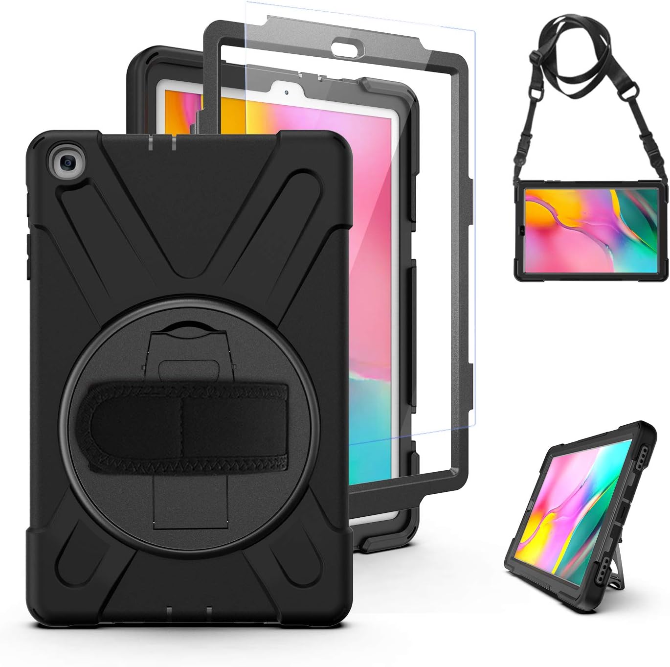 Samsung Galaxy Tab A 10.1 Case 2019,SM-T510/T515 Case with Screen Protector,Herize Heavy Duty Rugged Protective Shockproof Case Cover with 360 Degree Stand,Hand Strap/Shoulder Strap for Kids,Black