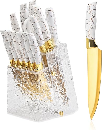 Juego de cuchillos de cocina antiadherentes con bloque, cuchillo de carne dentado, cuchillo de chef, cuchillo de pan, tijeras, sacapuntas, 14 piezas