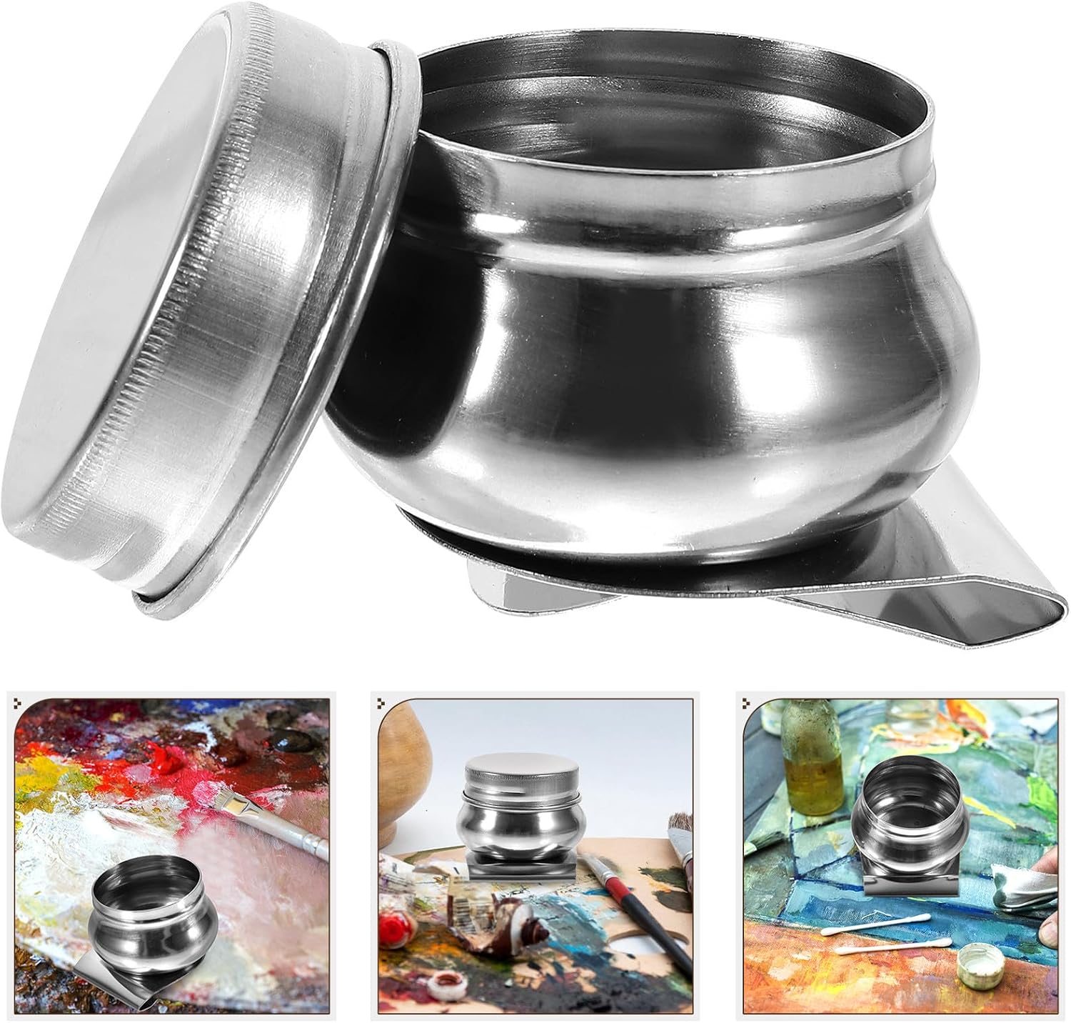 STOBAZA 2pcs Stainless Steel Dipper Painting Oil Pot Palette Cups with Lid for Artists Brush Pen Cleaning and Oil Painting Supplies