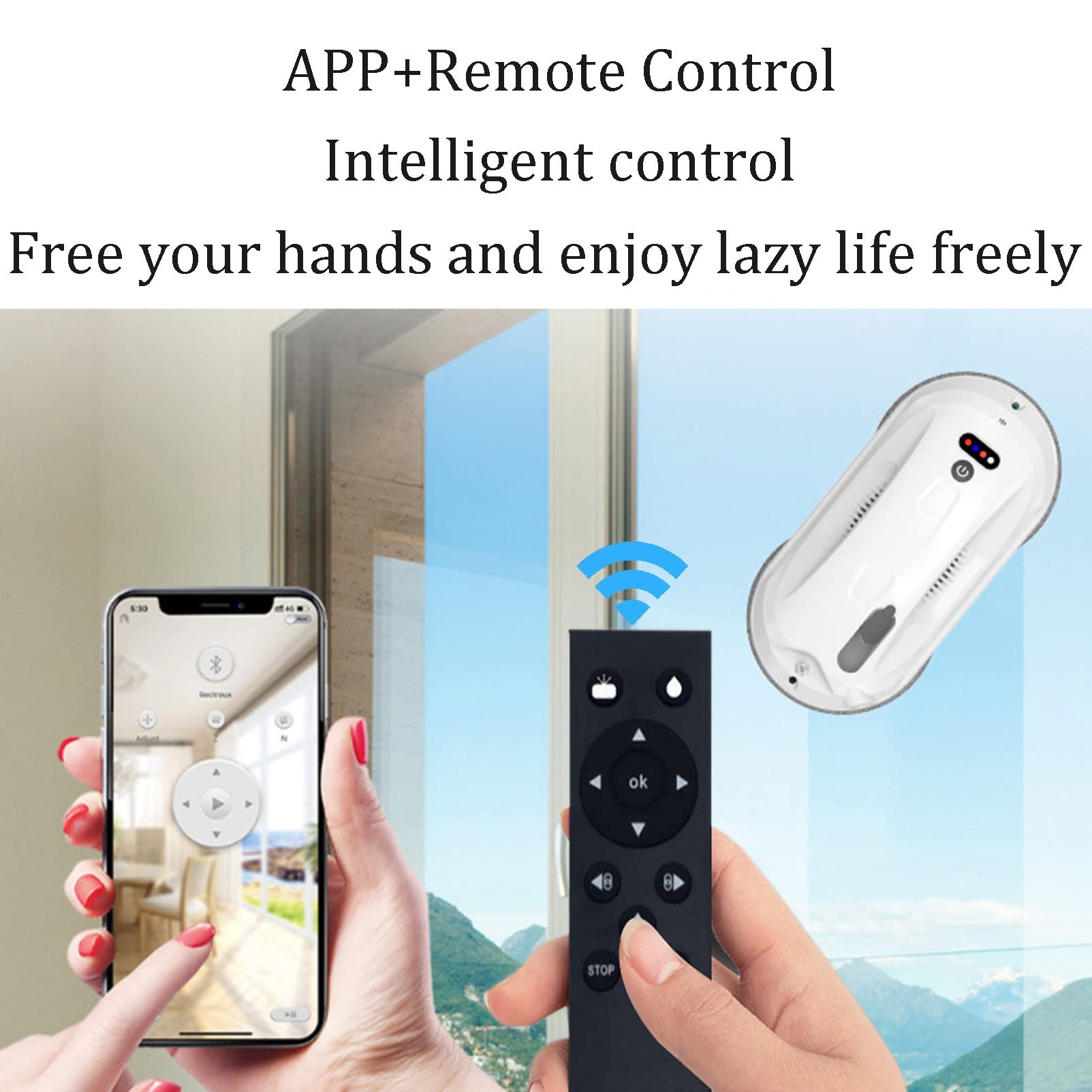 Limpiacristales Robot Limpiacristales Automático Control App, con Pulverizador y Control Remoto para Interiores, Exteriores y Techos Altos