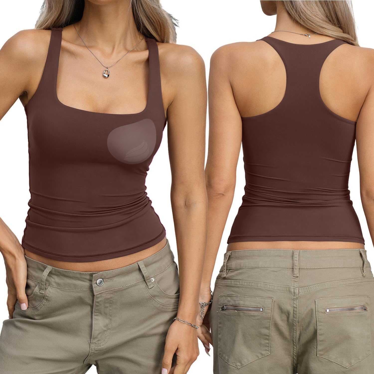 Womens Padded Double Lined Tank Tops Square Neck Racerback Built in Bra Tops Sleeve...