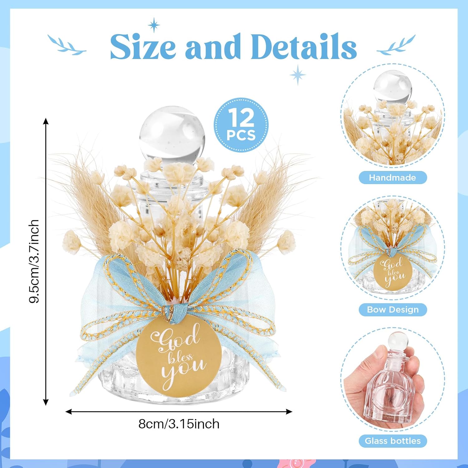 12 set holy water bottles catholic bulk glass baptism favors for guests christian water container with floral organza bags bow for holy communion gifts church wedding baptism decor (blue, 12) blue 12