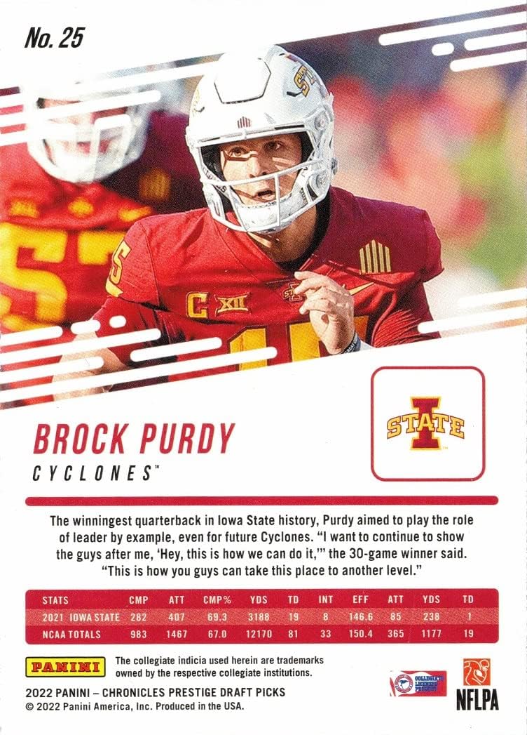 2022 Panini Chronicles Draft Picks Prestige Football #25 Brock Purdy Rookie Card