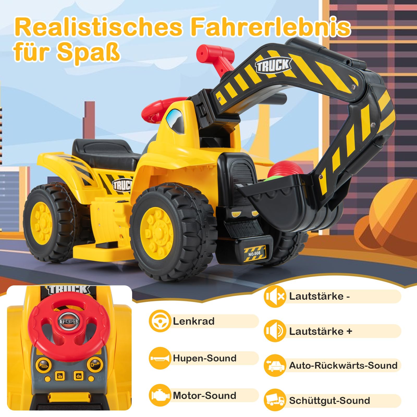 COSTWAY Elektro Bagger, Sitzbagger mit Hupe & Sound, für Kinder ab 2 Jahre | Stauraum unter den Sitz, Kinderbagger mit Basketballkorb, Bagger zum draufsitzen, 6V Sandbagger Aufsitzbagger, inkl. 3 Bälle