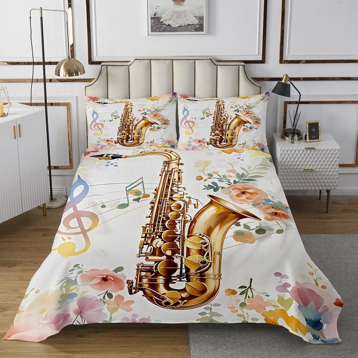 Erosebridal Saxophone 3D Print Quilt Set Queen Musical Notes Bedspread Music Stave Flower Coverlet Set for Kids Adults,Jazz Music Theme Bedding Quilted