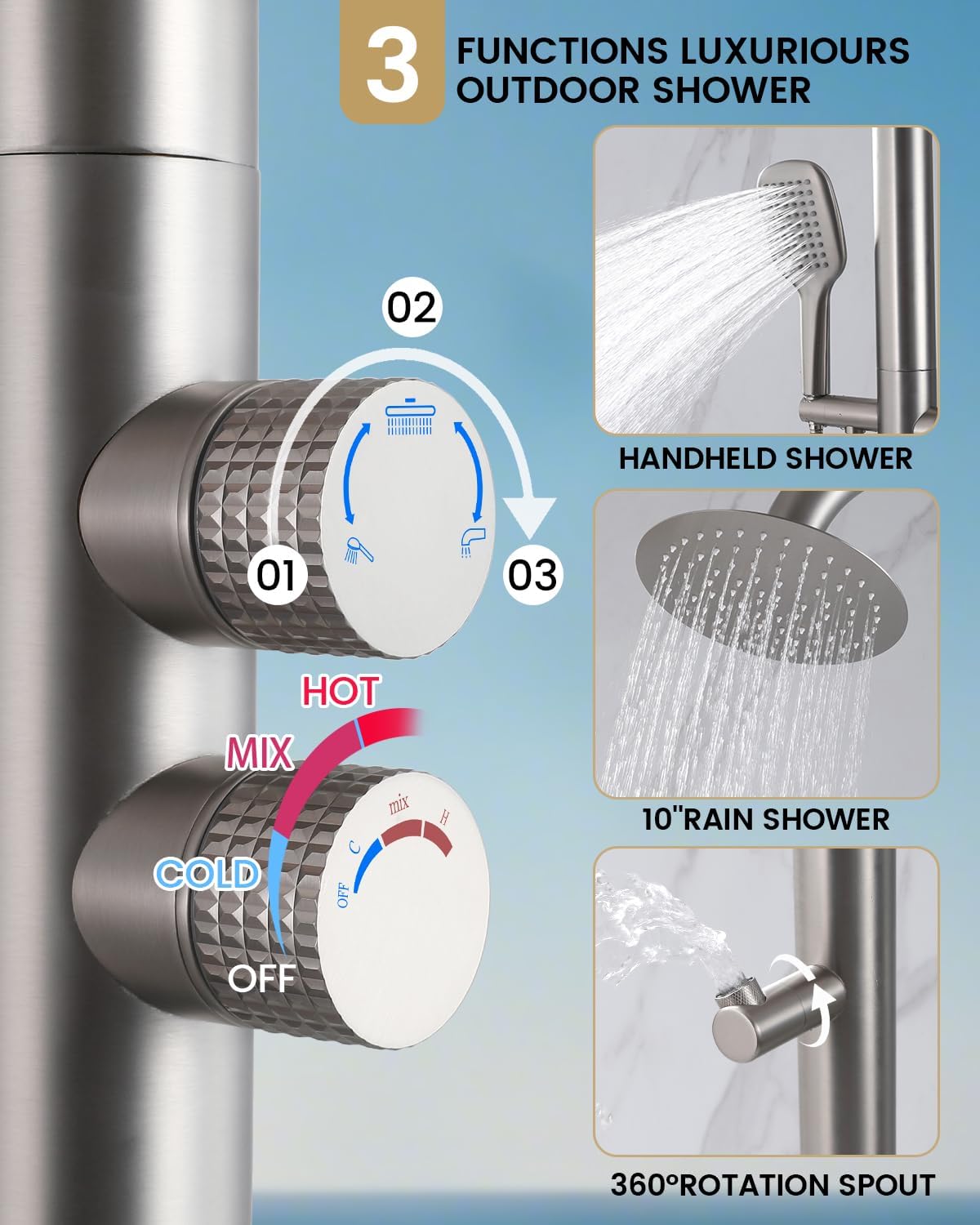 316 Marine Grade Stainless Steel Free Standing Outdoor Shower with Foot Wash, 3-Function Nickel Shower Kit with 10''Rain Shower Head,Outdoor Shower Fixture for Backyard Beach Poolside