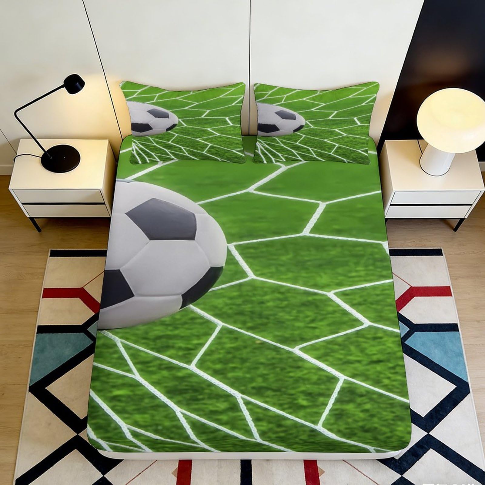 3D Printed Soccer Ball Fitted Sheet Microfiber Soft Breathable Football Field Bed Cover for Bedroom Dormitory Guest Room Mattress Protection Decor 120x200x25cm