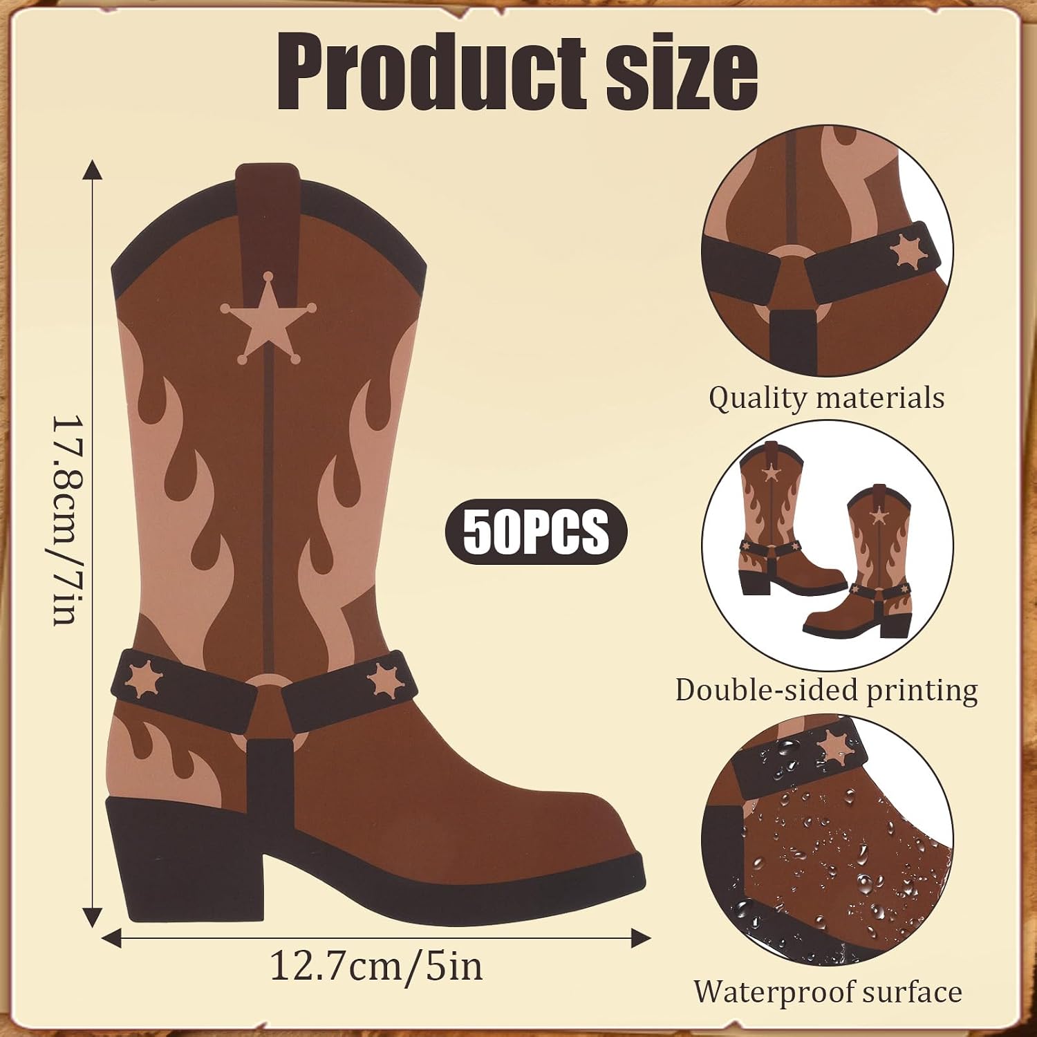 50 Pcs Brown Cowboy Boot Decorations DIY Western Hoedown Paper Cutout