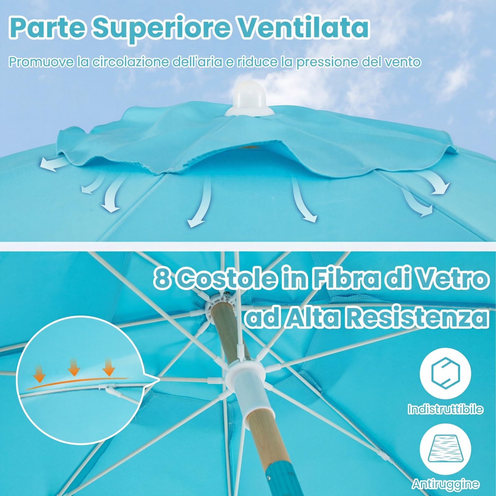 COSTWAY Ombrellone da Spiaggia 180 cm, Inclinabile Regolabile 30°, Palo in Legno, 8 Stecche in Fibra di Vetro, Ombrellone per Giardino, Piscina, Terrazza (Blu)