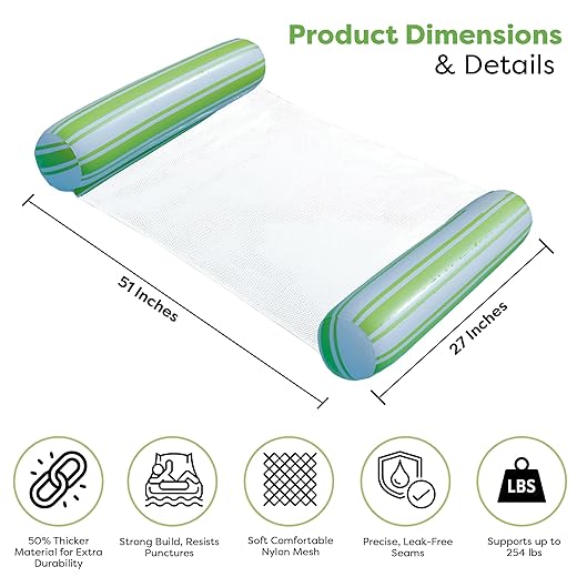 Glowlylite Water Swimming Pool Floats - Lounger Hammock Floating Mat (4 in 1) - Multi-Purpose & Comfortable for Vacation Pools Lake Outdoor Beach-Inflatable (Pack of 1 (Green))