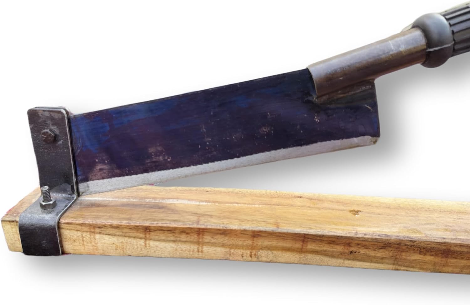 Heavy Duty Vegetable & Fruit Cutter for Pickle 10 Inches of Blue Coated High Carbon Steel Blade 2ft Wooden Base Metal Pipe Handle with Rubber Grip Ideal for Mango Jackfruit & More