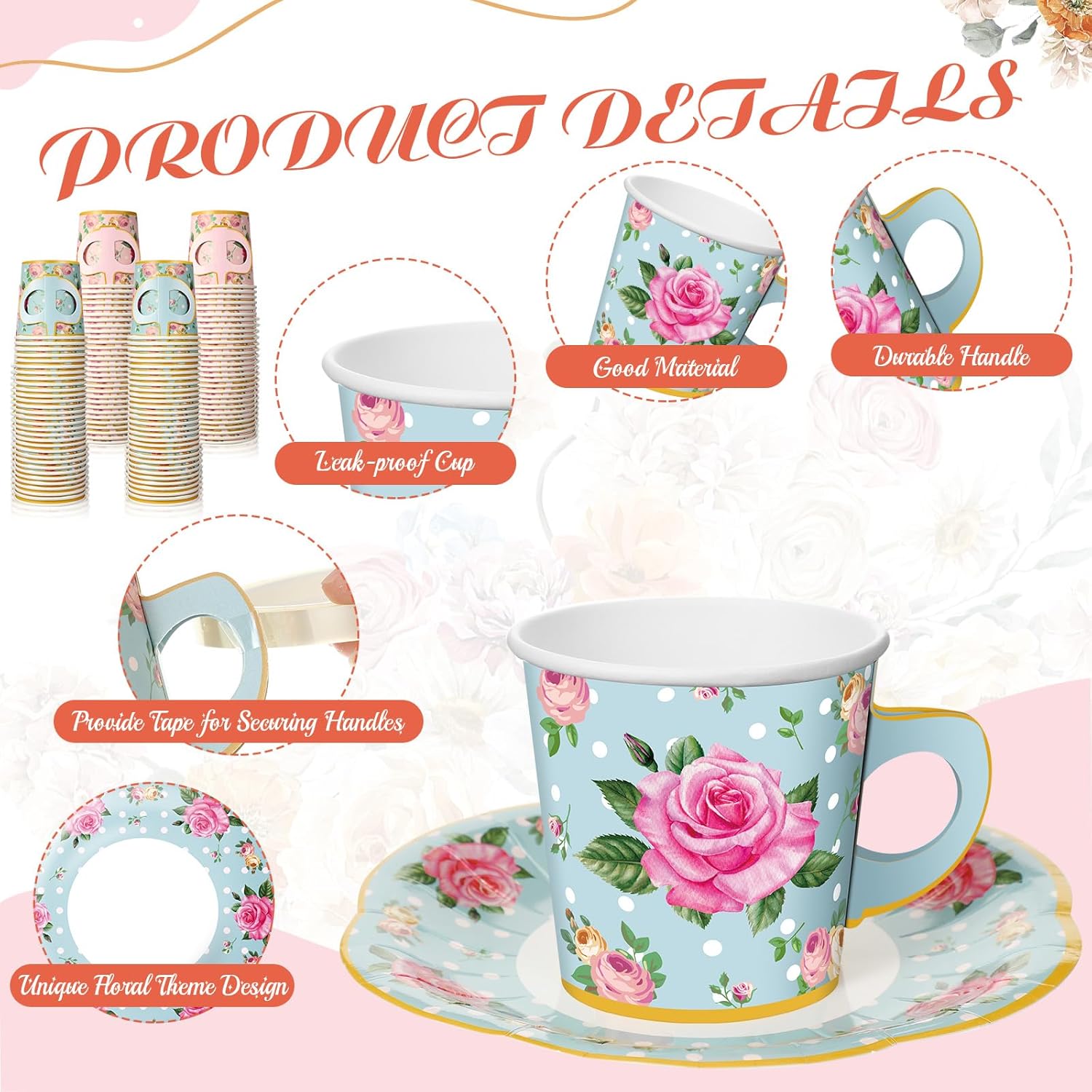 Umigy 36 Sets Mother's Day Tea Party Decorations 6.5 oz Floral Paper Teacups & Saucer Set for Girls Women Tea Parties Mothers Day Bridal Shower Wedding Birthday Party Decorations(Blue Pink)